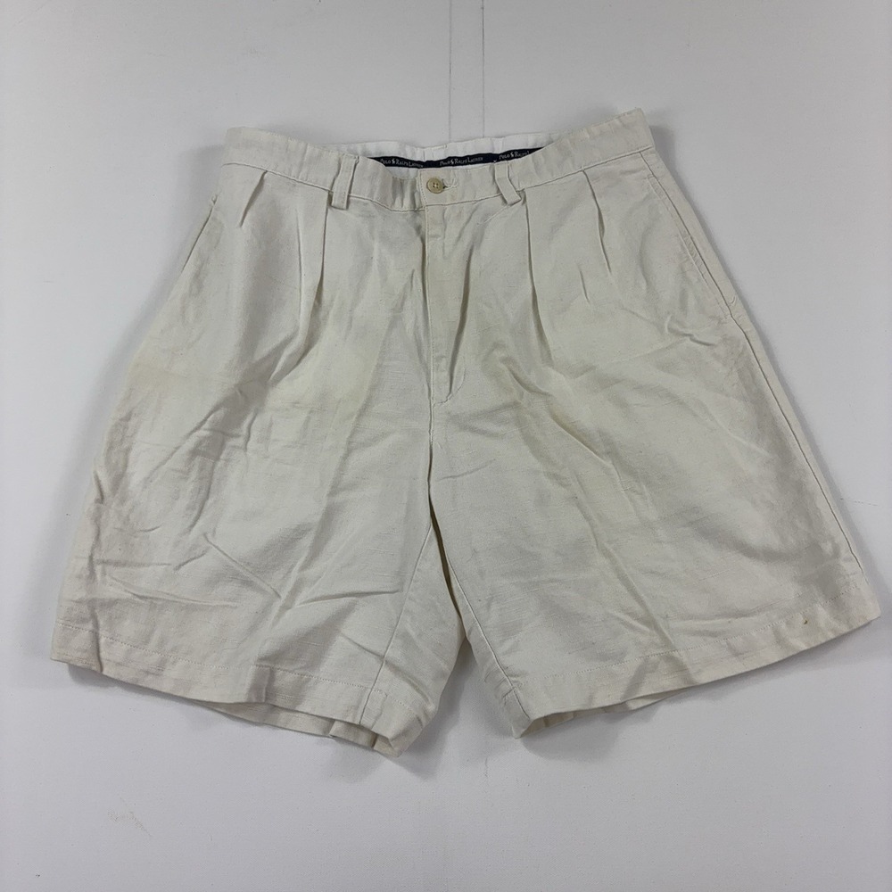 Vintage Polo Ralph Lauren Pleated Shorts Mens 34 White Linen Chino 9 Inseam 90s